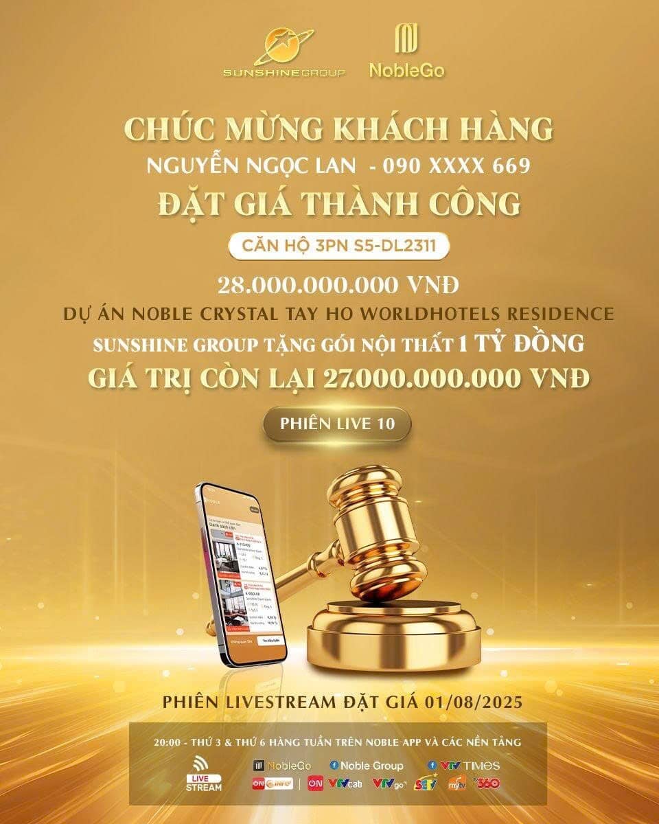 Lần đầu tiên căn hộ hàng hiệu 28 tỷ được đặt giá thành công trên livestream của Sunshine Group