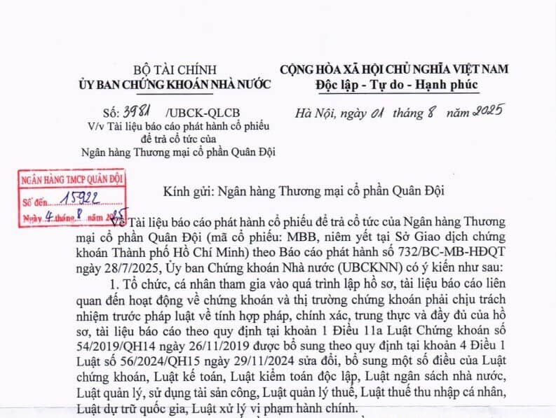 MBB chuẩn bị trả cổ tức tỷ lệ 35%, gồm cả tiền mặt và cổ phiếu