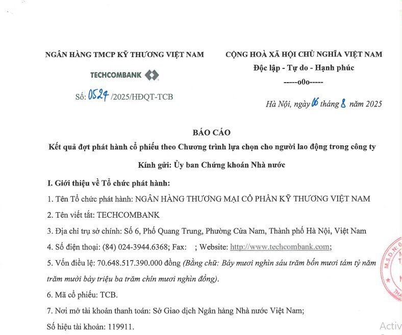 Techcombank nâng vốn điều lệ lên gần 71.000 tỷ đồng