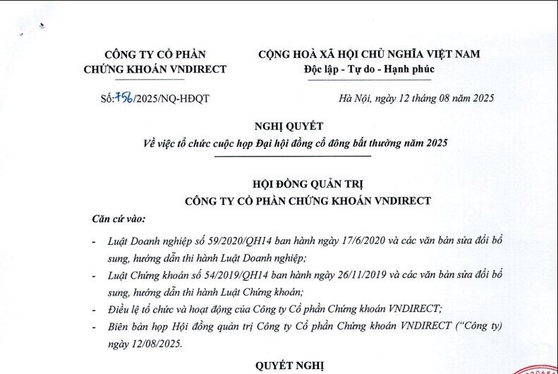 VNDirect (VND) sắp họp ĐHĐCĐ bất thường