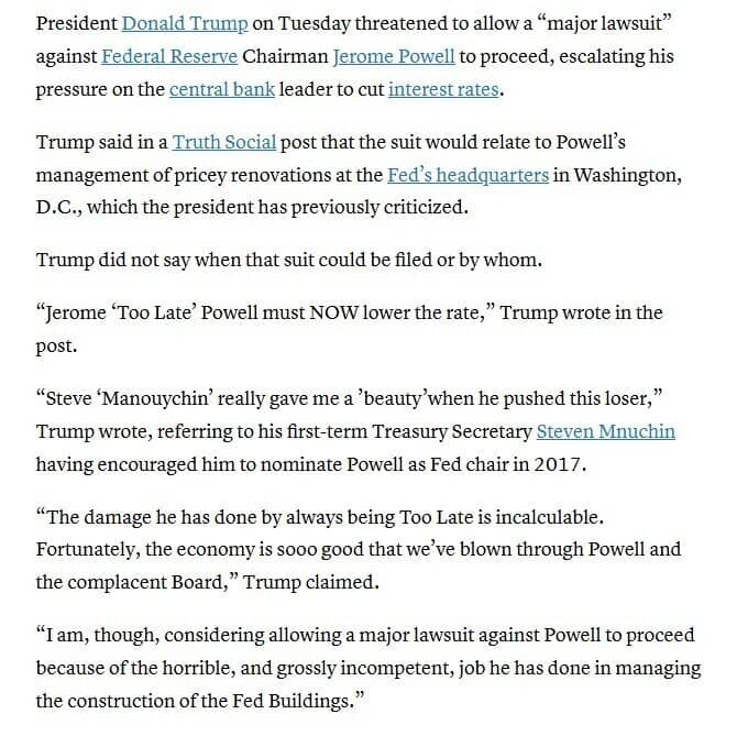 Ông Trump đe dọa kiện Chủ tịch Fed Jerome Powell