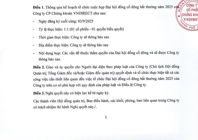 VNDirect (VND) sắp họp ĐHĐCĐ bất thường