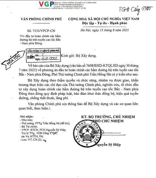 Văn phòng Chính phủ gửi văn bản hỏa tốc về việc xây dựng các hầm đường bộ trên tuyến cao tốc Bắc - Nam phía Đông