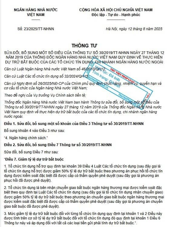 Ngân hàng nhận chuyển giao bắt buộc được giảm 50% tỷ lệ dự trữ bắt buộc từ 1/10