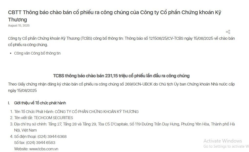 TCBS mở đăng ký mua cổ phiếu IPO từ 19/8