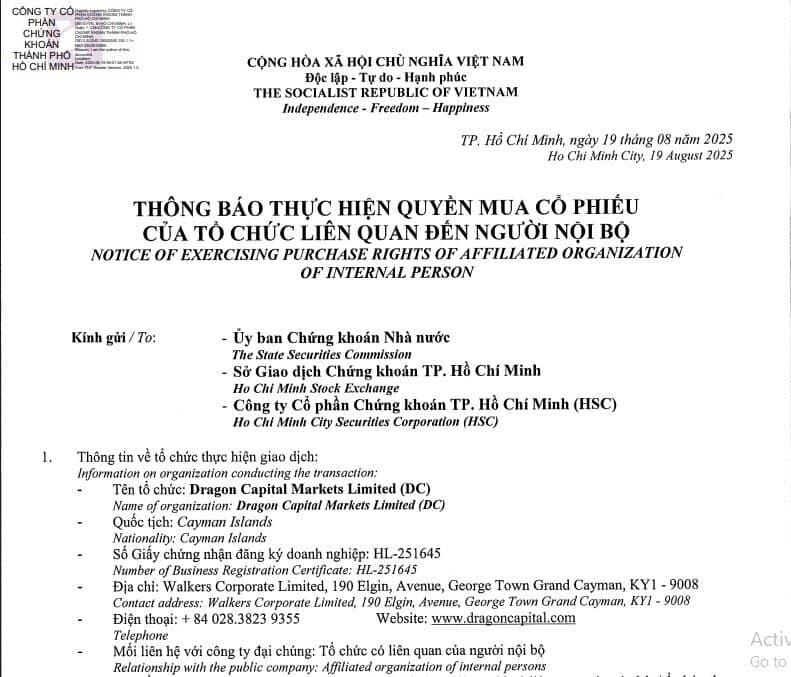 Quỹ thuộc Dragon Capital ‘gom’ hơn 113 triệu cổ phiếu HCM