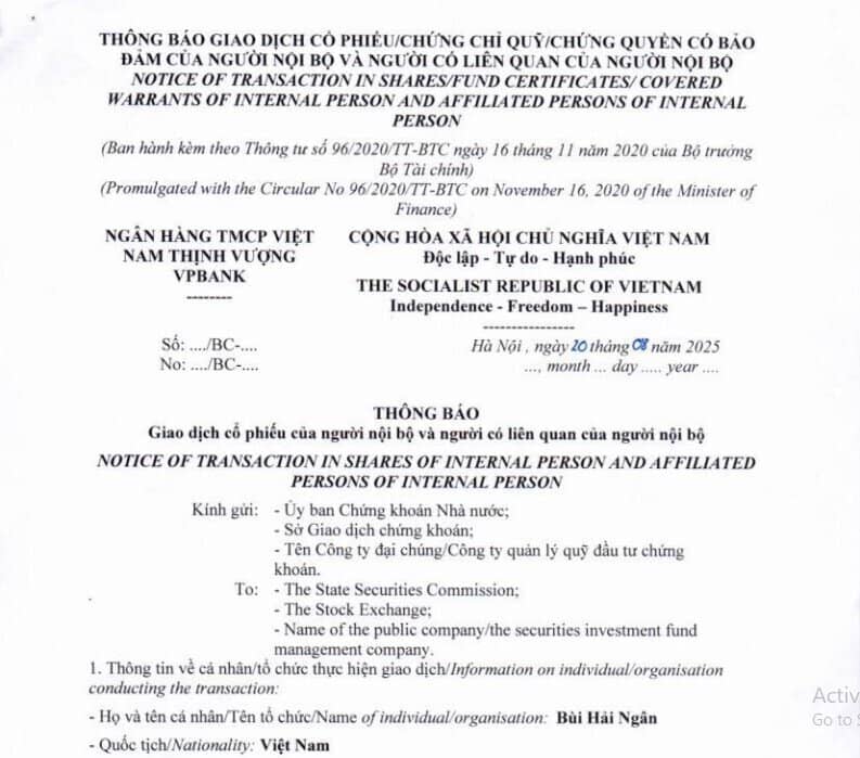 Hai con gái Phó Chủ tịch VPBank đăng ký mua 40 triệu mua cổ phiếu