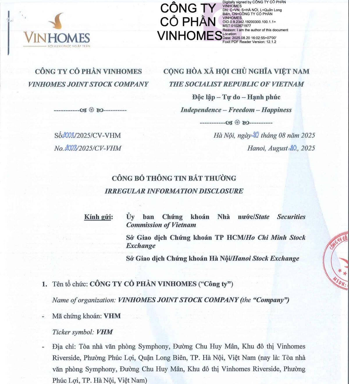 Vinhomes (VHM) thoái vốn tại công ty con