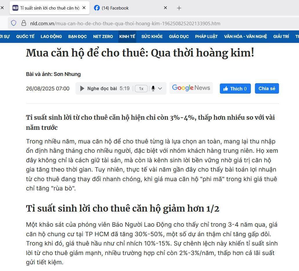 Mua căn hộ là bảo toàn vốn và chờ tăng giá, không ai mua vì lợi suất cao hơn gửi tiết kiệm!