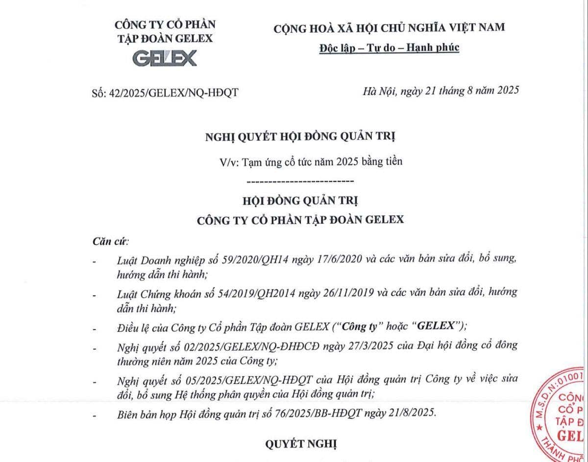 Ngày 11/9, GEX chốt quyền trả cổ tức bằng tiền mặt