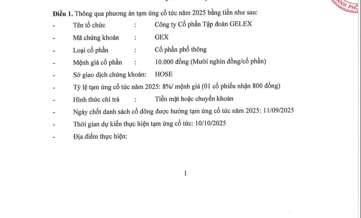 Ngày 11/9, GEX chốt quyền trả cổ tức bằng tiền mặt