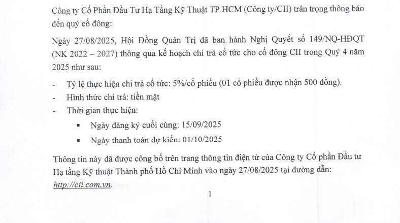 Cổ đông CII sắp nhận hơn 300 tỷ đồng cổ tức trong quý 4