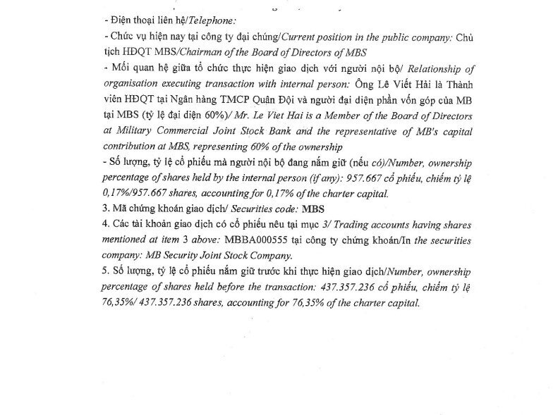 MB đăng ký bán khớp lệnh 60 triệu cổ phiếu MBS