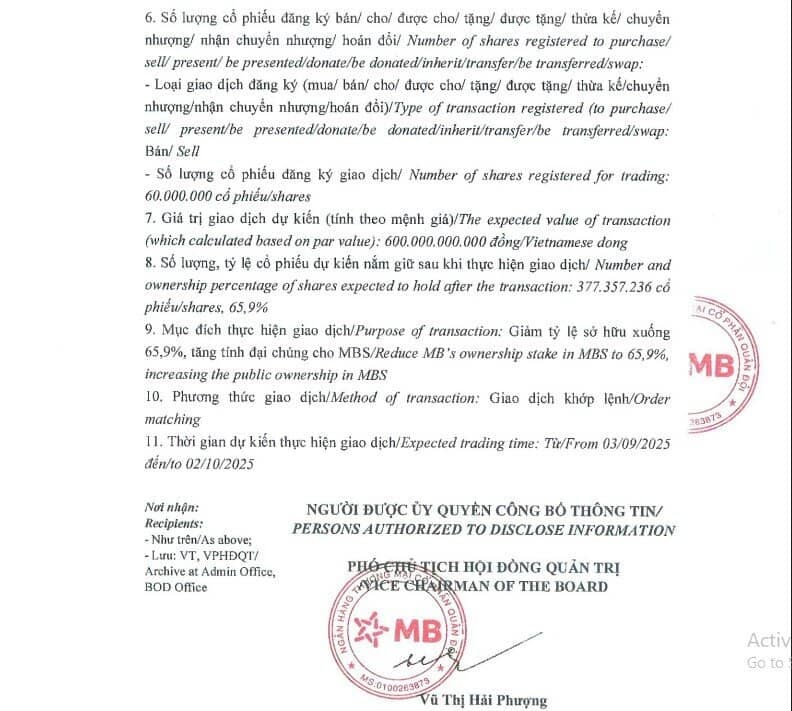 MB đăng ký bán khớp lệnh 60 triệu cổ phiếu MBS