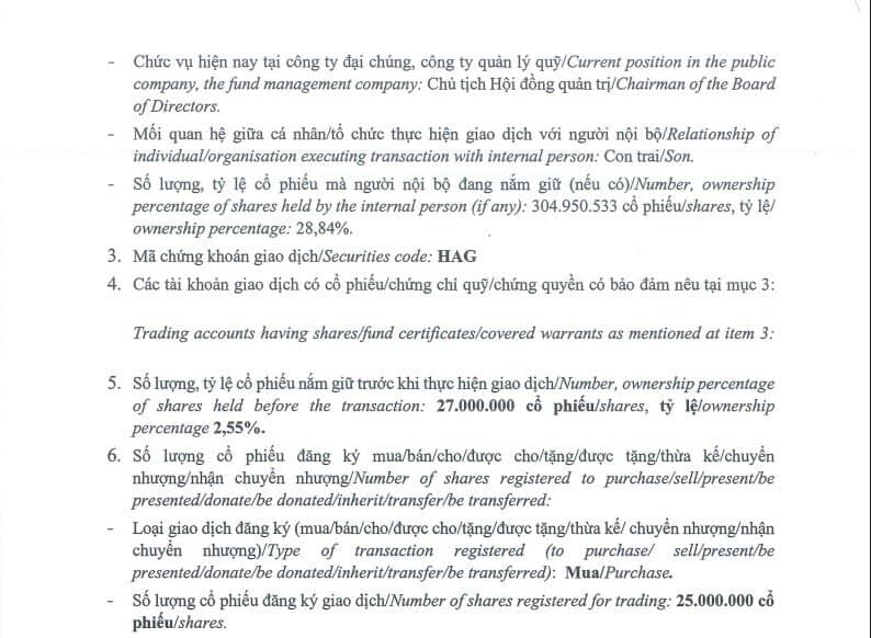 Con trai bầu Đức mua thành công 25 triệu cổ phiếu HAG đã đăng ký