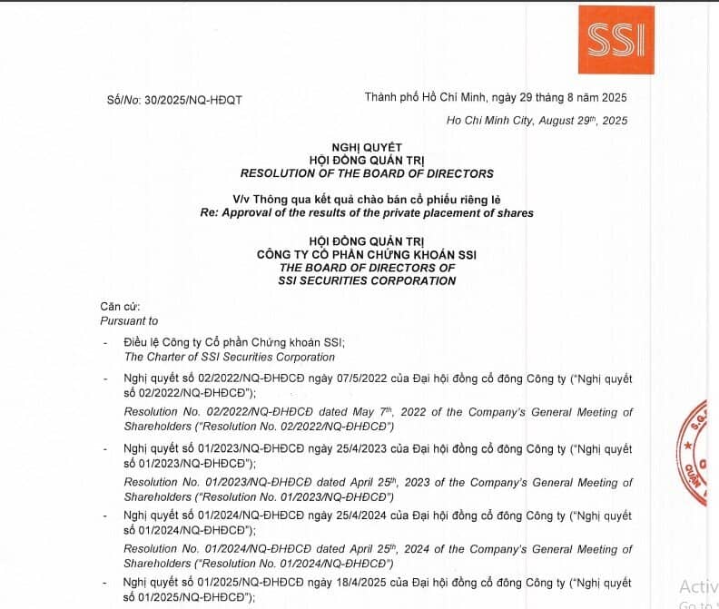 18 NĐT chi hơn 3.200 tỷ đồng mua cổ phiếu riêng lẻ của SSI