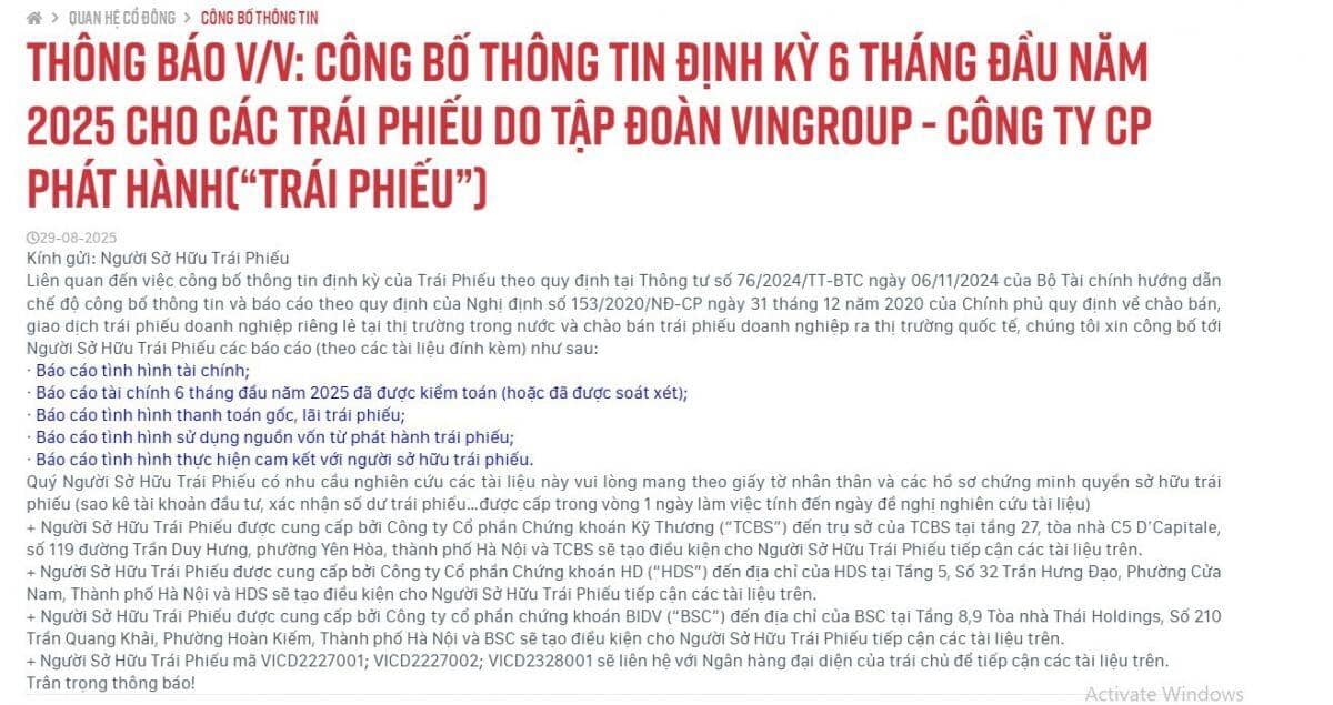 Vingroup (VIC) công bố loạt tài liệu quan trọng đến người sở hữu trái phiếu