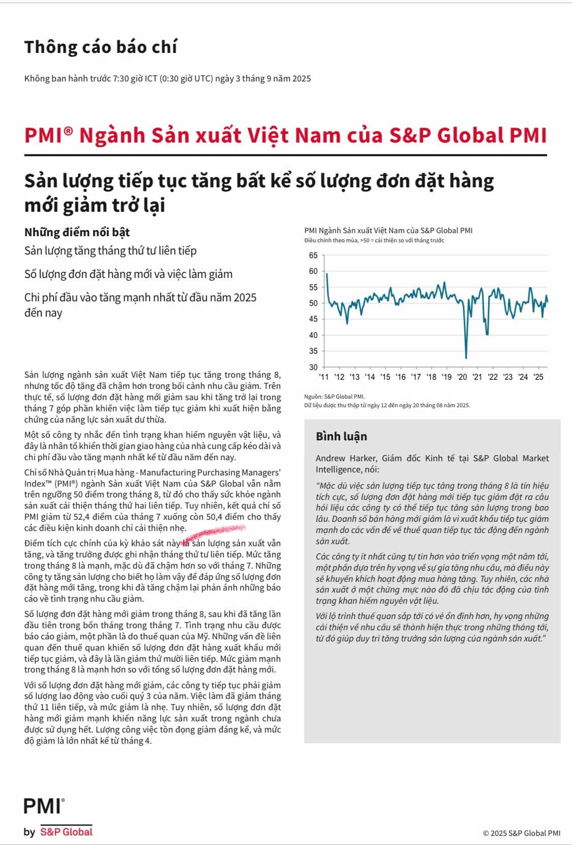 Đơn hàng giảm vì thuế đối ứng, PMI tháng 8 vẫn đạt 50,4 điểm