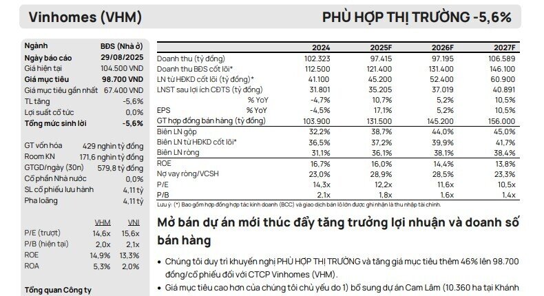Doanh thu BĐS cốt lõi của VHM nửa cuối năm 2025 sẽ tăng gấp 3 lần