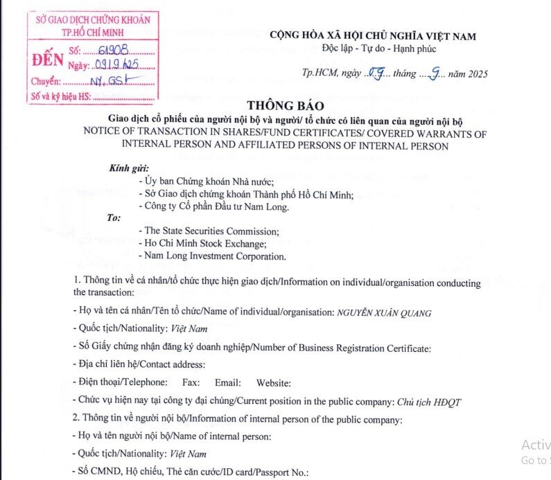 Chủ tịch Nam Long muốn bán thêm 3 triệu cổ phiếu