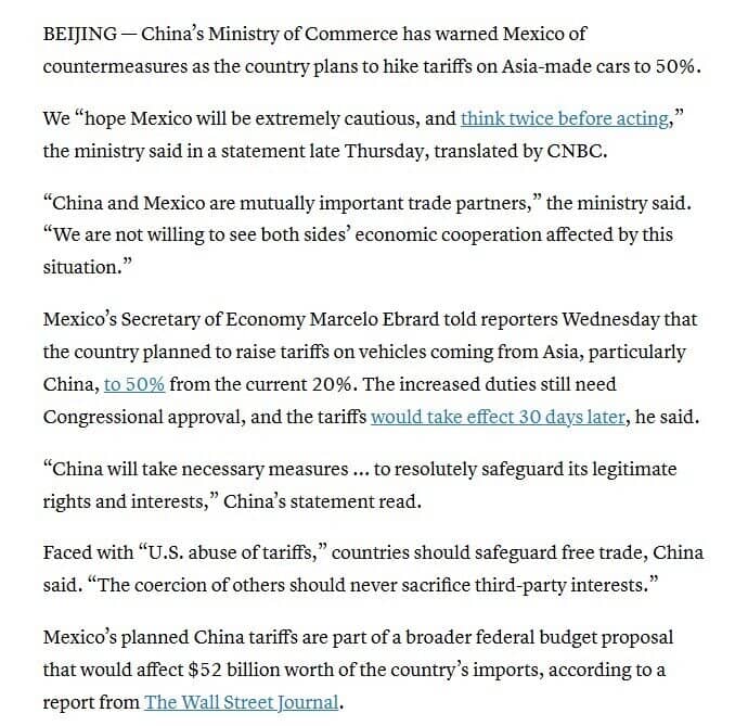 Trung Quốc khuyên Mexico 'nghĩ kỹ' trước khi tăng thuế lên 50%, doạ sẽ trả đũa