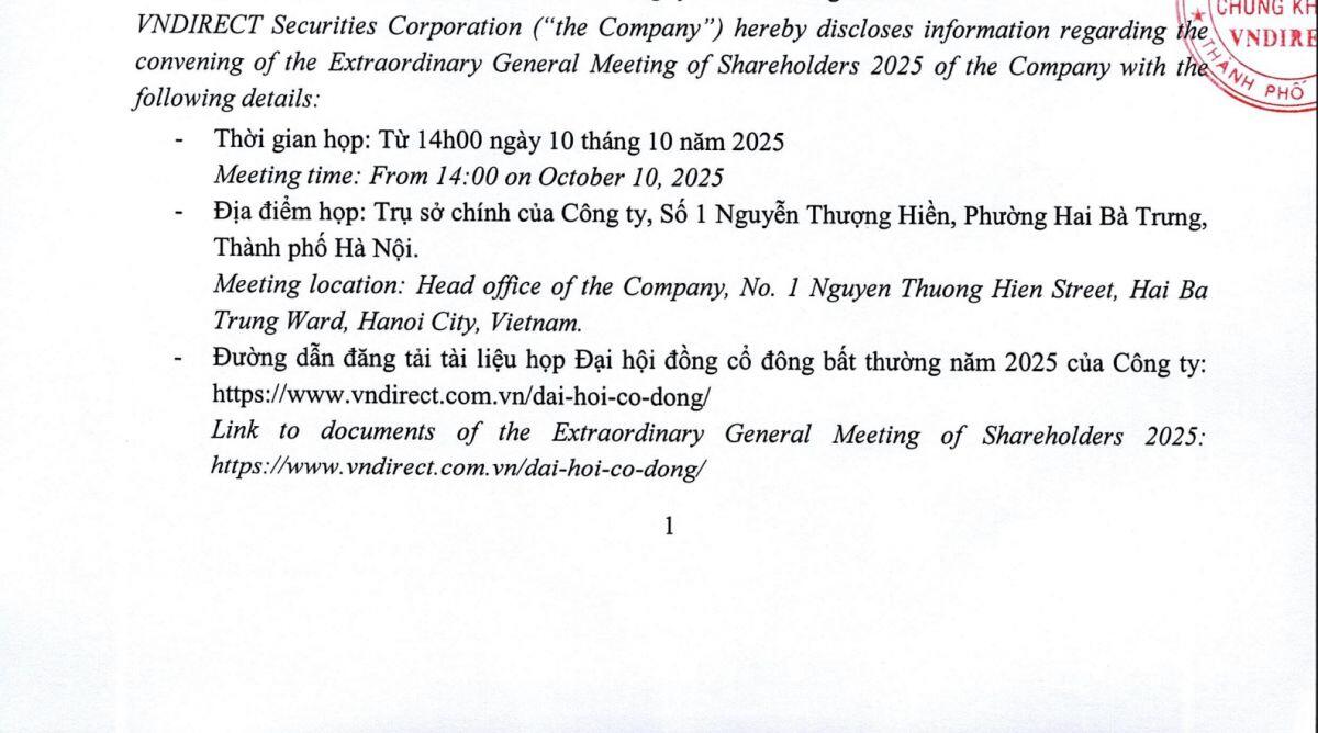 VNDirect (VND) chốt ngày họp ĐHĐCĐ bất thường