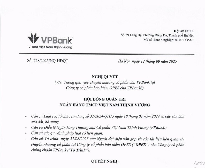 VPBank muốn chuyển nhượng gần 10% vốn tại OPES cho VPBankS