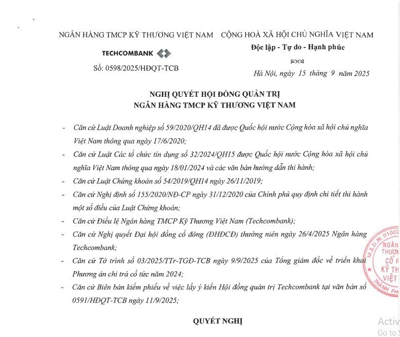 Techcombank chuẩn bị trả cổ tức bằng tiền mặt