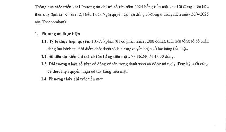 Techcombank chuẩn bị trả cổ tức bằng tiền mặt