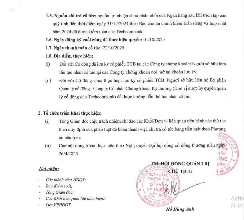 Techcombank chuẩn bị trả cổ tức bằng tiền mặt