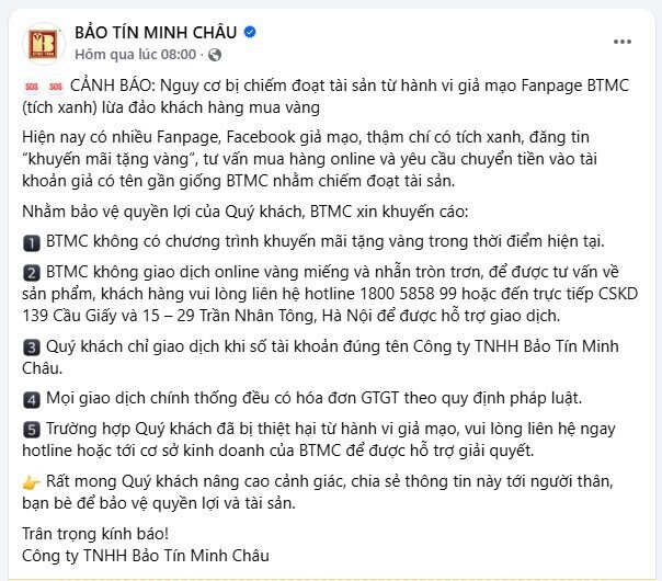 Bảo Tín Minh Châu cảnh báo khẩn về thông tin khuyến mãi tặng vàng