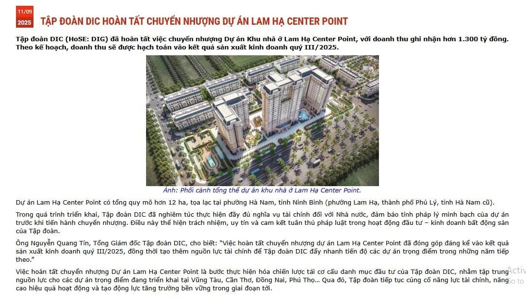 DIG Corp (DIG) đã bán dự án Lam Hạ Center Point với giá 1.327 tỷ đồng