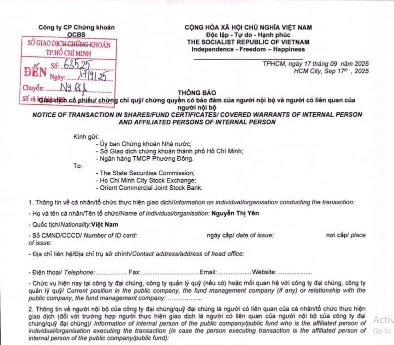 Người nhà lãnh đạo OCB đăng ký bán hơn 4,5 triệu cổ phiếu ngân hàng