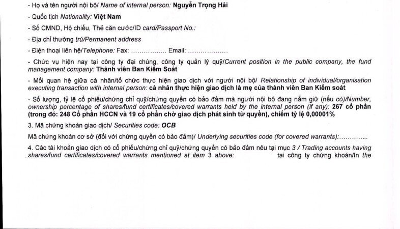 Người nhà lãnh đạo OCB đăng ký bán hơn 4,5 triệu cổ phiếu ngân hàng