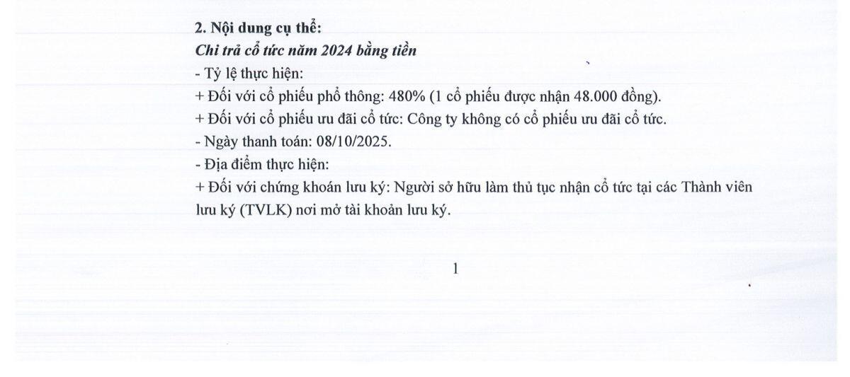 Một doanh nghiệp trên HoSE trả cổ tức "khủng" 48.000 đồng/cp cho cổ đông ngay đầu tháng 10