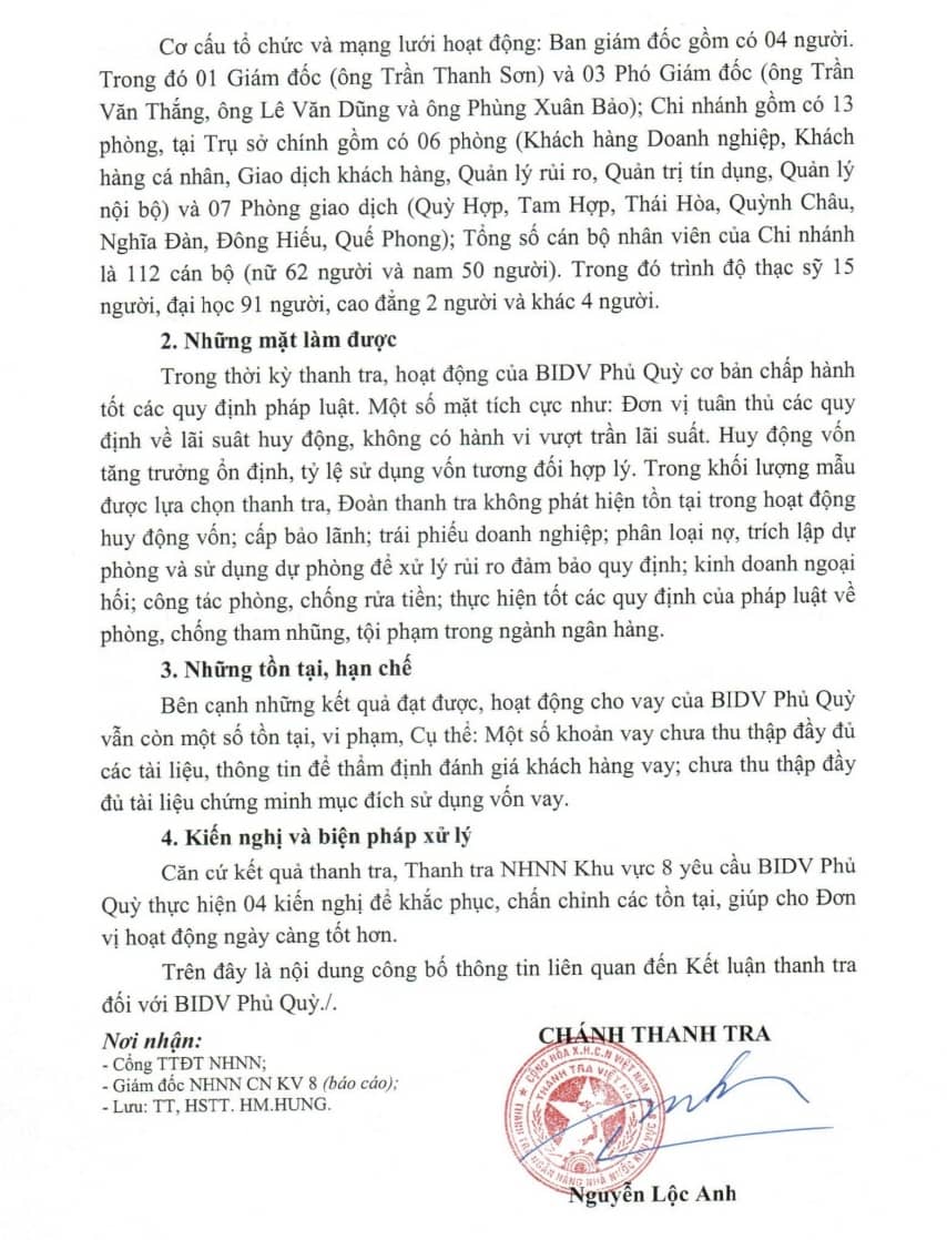 Thanh tra phát hiện một số vi phạm tại một chi nhánh BIDV
