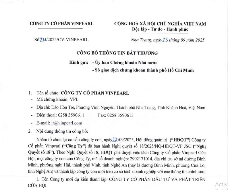 Vinpearl tách công ty Cửa Hội, thành lập công ty mới vốn điều lệ hơn 1.100 tỷ