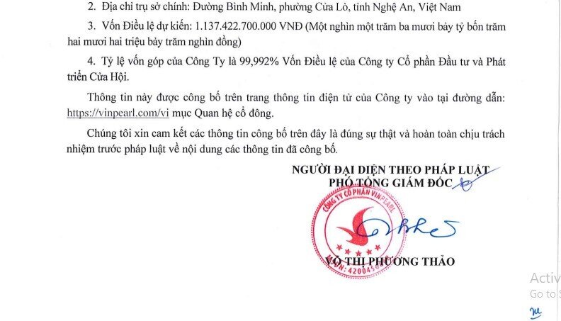 Vinpearl tách công ty Cửa Hội, thành lập công ty mới vốn điều lệ hơn 1.100 tỷ