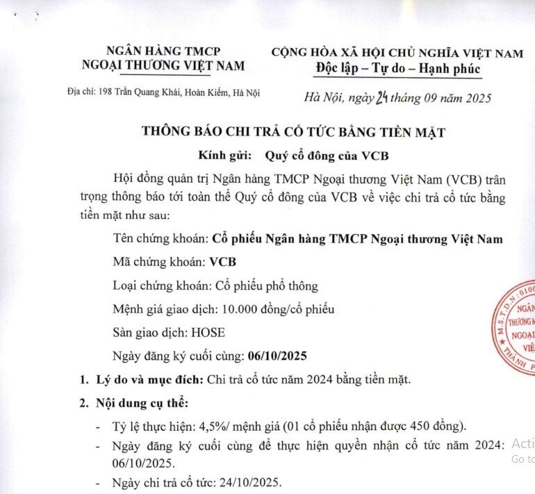 Vietcombank sắp chi gần 3.800 tỷ trả cổ tức bằng tiền mặt