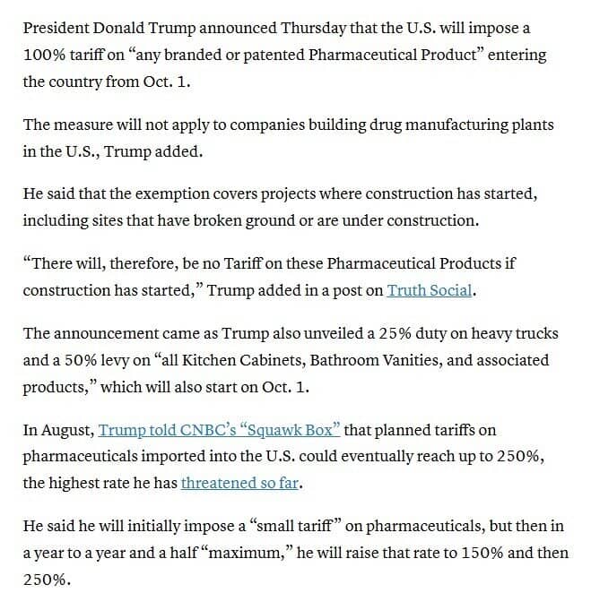 Ông Trump công bố đòn thuế mới cao nhất 100%, 3 nhóm mặt hàng chủ chốt chịu trừng phạt từ 1/10