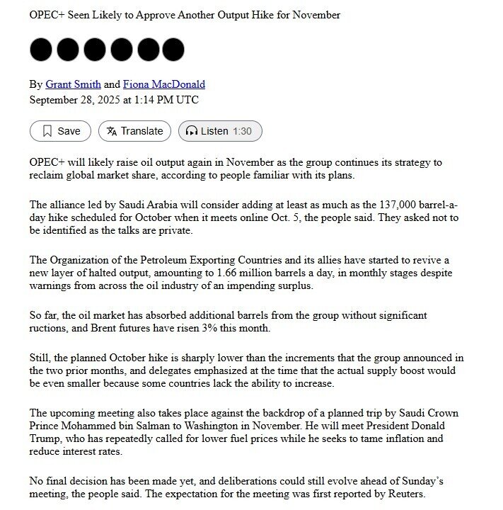 OPEC+ có thể tiếp tục tăng sản lượng trong tháng 11?