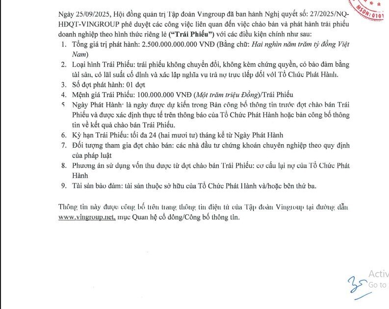 Vingroup sẽ phát hành 2.500 tỷ đồng trái phiếu để cơ cấu nợ