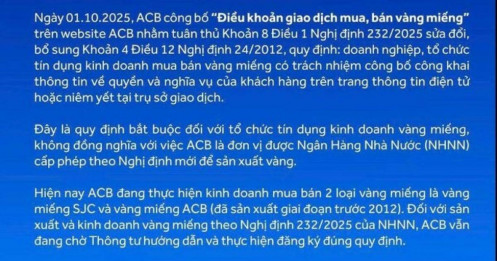 ACB nói gì về thông tin tái sản xuất vàng miếng từ 10/10?
