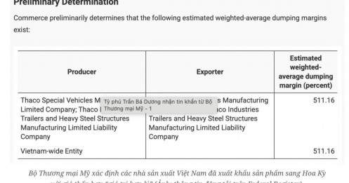 Bộ Thương mại Mỹ áp thuế 511% với sản phẩm THACO