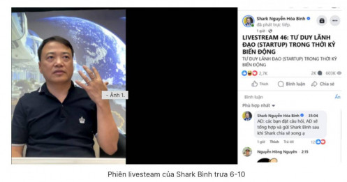 Shark Bình livestream trưa 6-10, kể chuyện sắp phá sản nhiều lần