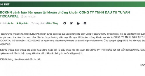 UBCKNN phát cảnh báo liên quan tài khoản chứng khoán 119003023002 mở tại VietinBank (CTG)