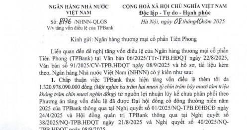 Một ngân hàng được NHNN chấp thuận tăng vốn điều lệ thêm hơn 1.300 tỷ đồng