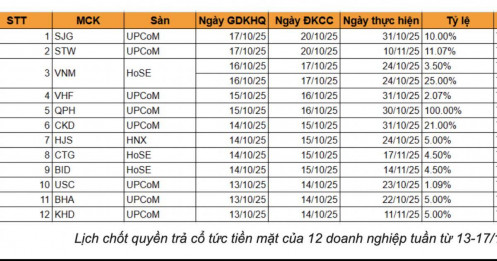 Lịch chốt quyền trả cổ tức tiền mặt của 12 doanh nghiệp tuần tới, cao nhất 100%