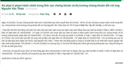 Bán “chui” 1,2 triệu cổ phiếu, lãnh đạo bị phạt tiền và đình chỉ giao dịch