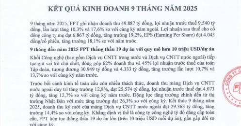 FPT báo lãi ròng 9 tháng tăng trưởng 19%